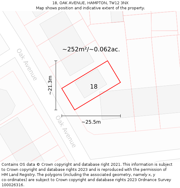 18, OAK AVENUE, HAMPTON, TW12 3NX: Plot and title map