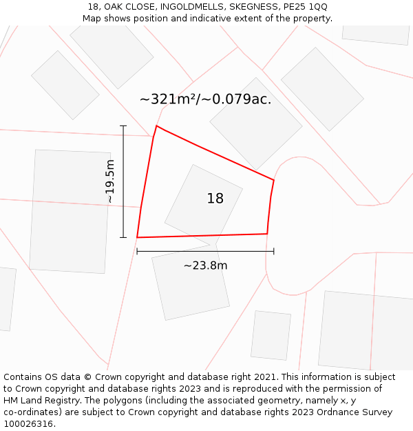 18, OAK CLOSE, INGOLDMELLS, SKEGNESS, PE25 1QQ: Plot and title map