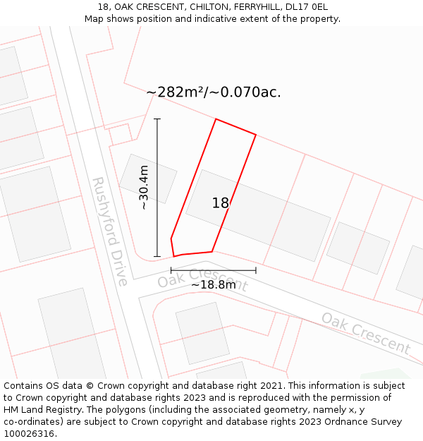 18, OAK CRESCENT, CHILTON, FERRYHILL, DL17 0EL: Plot and title map