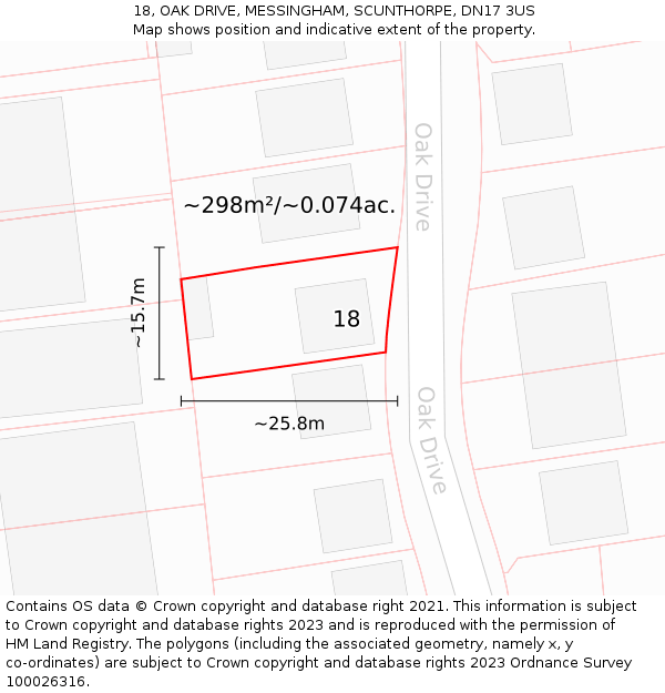 18, OAK DRIVE, MESSINGHAM, SCUNTHORPE, DN17 3US: Plot and title map