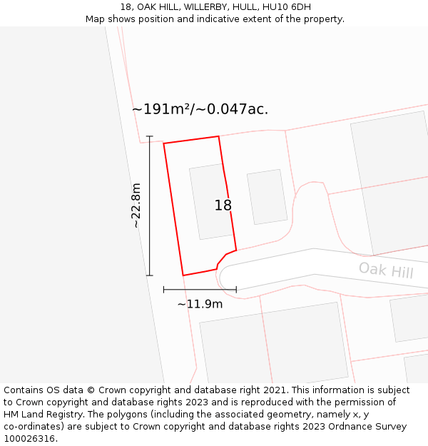 18, OAK HILL, WILLERBY, HULL, HU10 6DH: Plot and title map