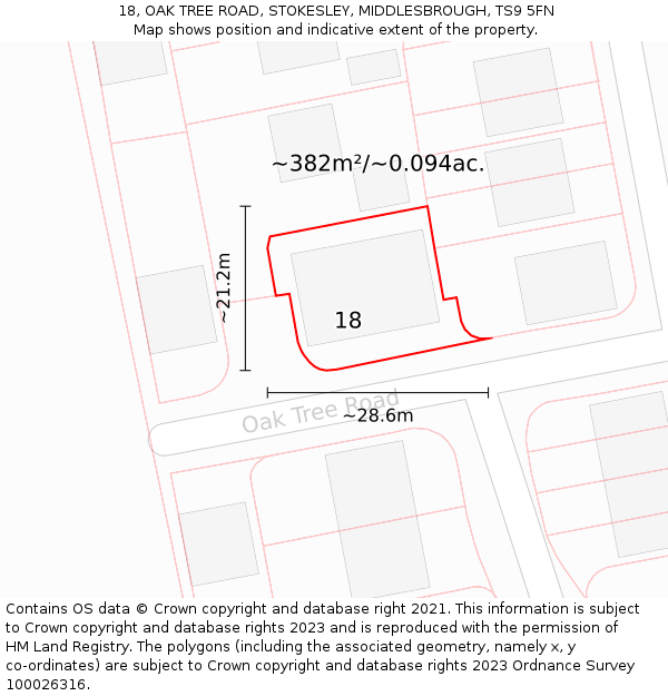 18, OAK TREE ROAD, STOKESLEY, MIDDLESBROUGH, TS9 5FN: Plot and title map