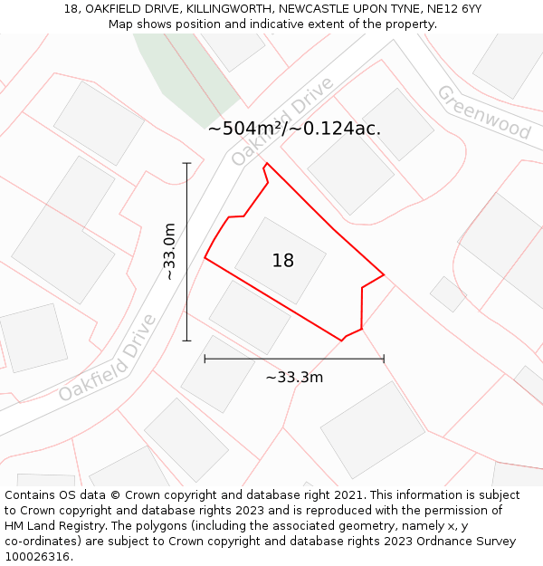 18, OAKFIELD DRIVE, KILLINGWORTH, NEWCASTLE UPON TYNE, NE12 6YY: Plot and title map