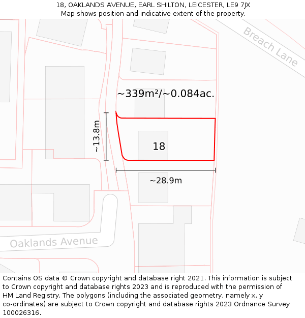 18, OAKLANDS AVENUE, EARL SHILTON, LEICESTER, LE9 7JX: Plot and title map