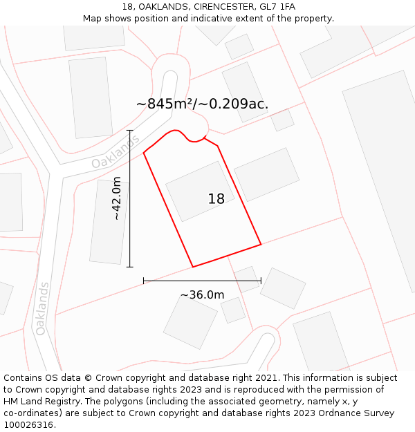 18, OAKLANDS, CIRENCESTER, GL7 1FA: Plot and title map