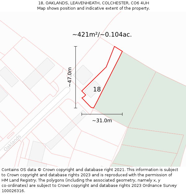 18, OAKLANDS, LEAVENHEATH, COLCHESTER, CO6 4UH: Plot and title map