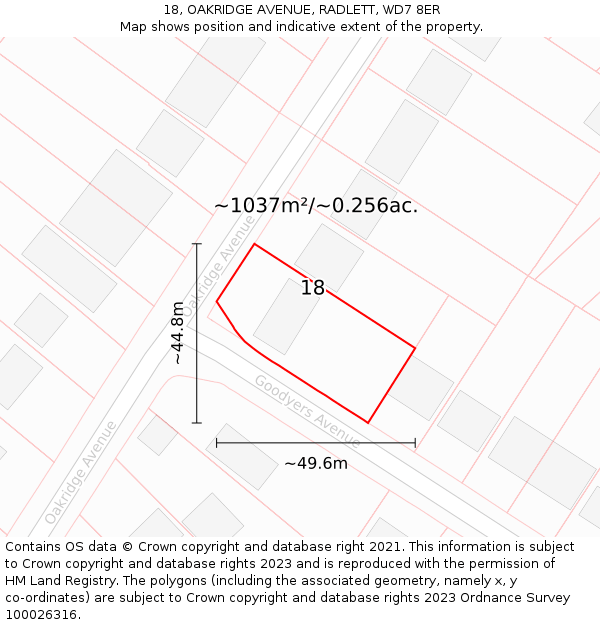 18, OAKRIDGE AVENUE, RADLETT, WD7 8ER: Plot and title map