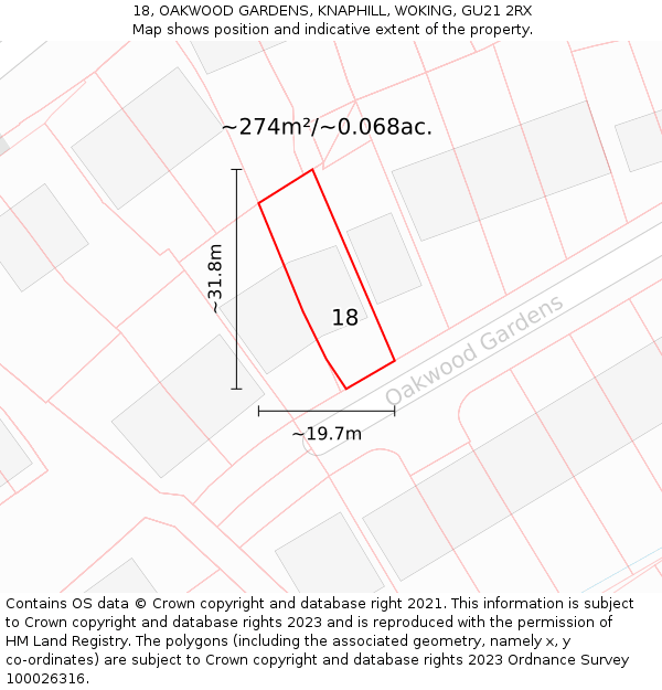 18, OAKWOOD GARDENS, KNAPHILL, WOKING, GU21 2RX: Plot and title map