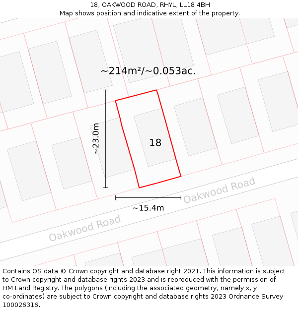 18, OAKWOOD ROAD, RHYL, LL18 4BH: Plot and title map