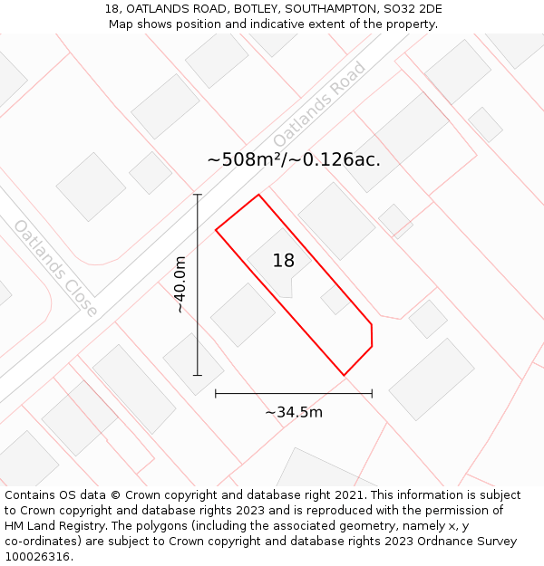 18, OATLANDS ROAD, BOTLEY, SOUTHAMPTON, SO32 2DE: Plot and title map