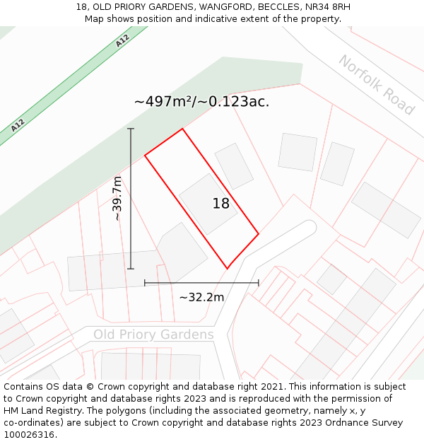 18, OLD PRIORY GARDENS, WANGFORD, BECCLES, NR34 8RH: Plot and title map