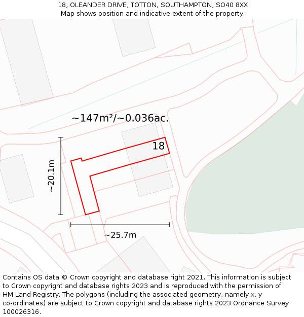 18, OLEANDER DRIVE, TOTTON, SOUTHAMPTON, SO40 8XX: Plot and title map