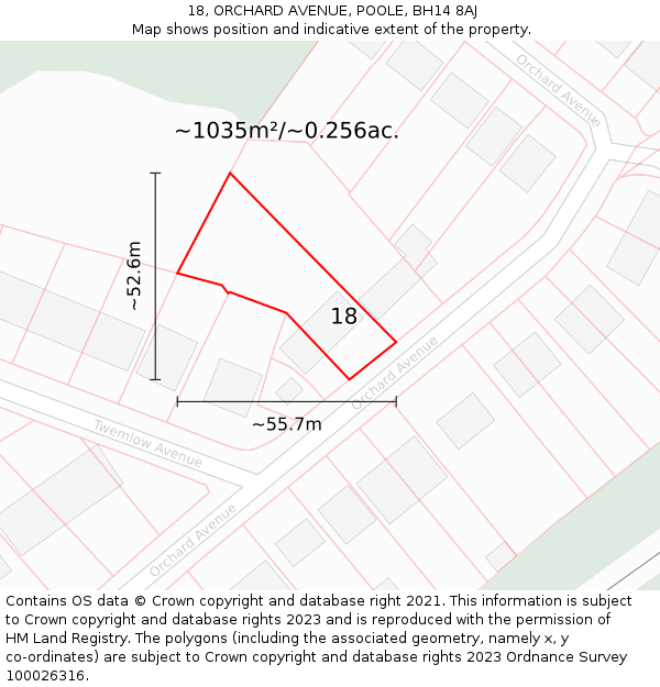 18, ORCHARD AVENUE, POOLE, BH14 8AJ: Plot and title map