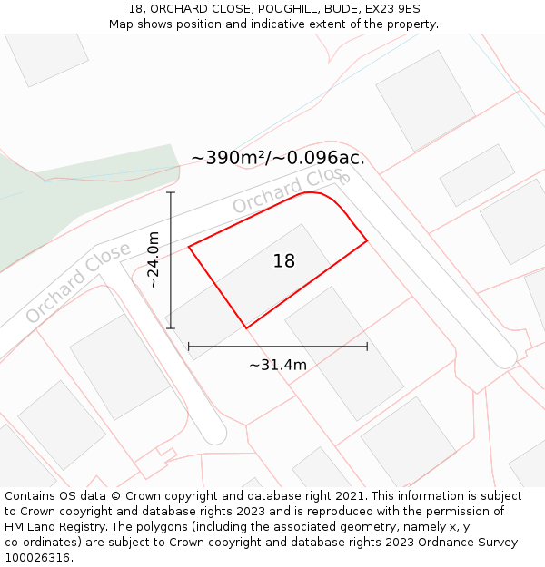 18, ORCHARD CLOSE, POUGHILL, BUDE, EX23 9ES: Plot and title map