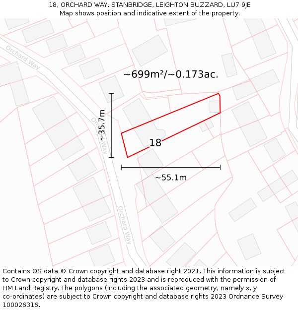 18, ORCHARD WAY, STANBRIDGE, LEIGHTON BUZZARD, LU7 9JE: Plot and title map