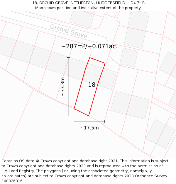 18, ORCHID GROVE, NETHERTON, HUDDERSFIELD, HD4 7HR: Plot and title map