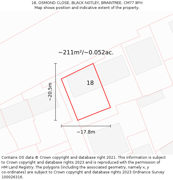 18, OSMOND CLOSE, BLACK NOTLEY, BRAINTREE, CM77 8FH: Plot and title map