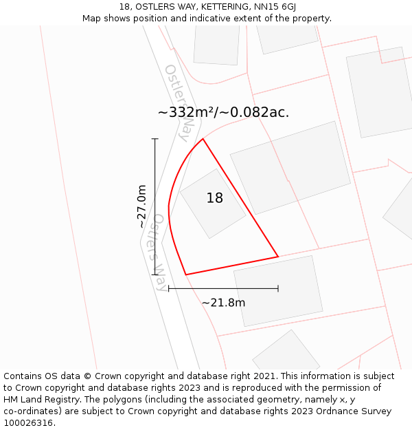 18, OSTLERS WAY, KETTERING, NN15 6GJ: Plot and title map