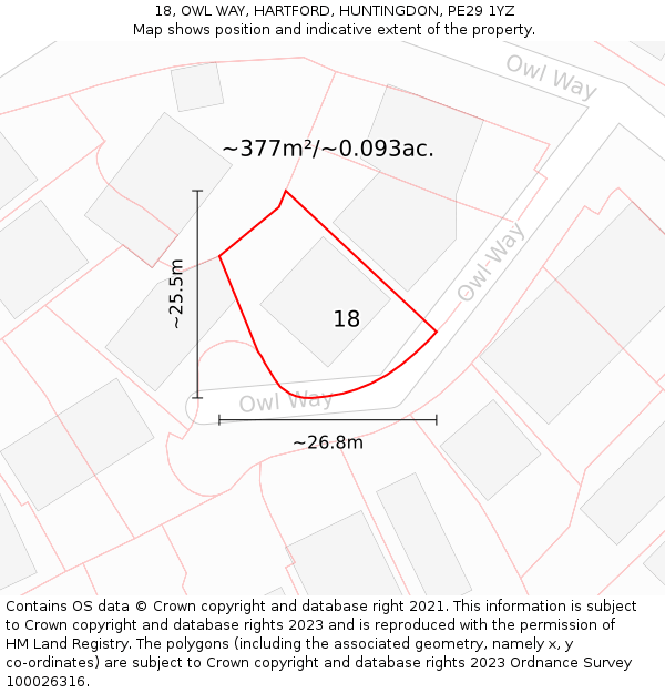 18, OWL WAY, HARTFORD, HUNTINGDON, PE29 1YZ: Plot and title map