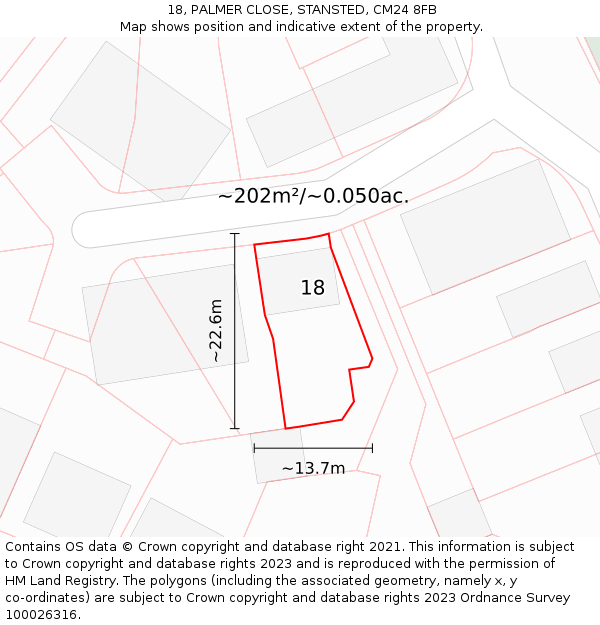 18, PALMER CLOSE, STANSTED, CM24 8FB: Plot and title map