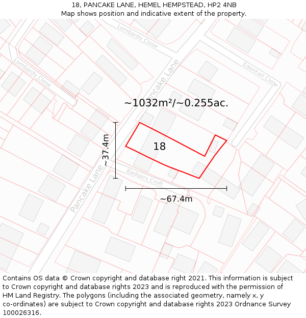 18, PANCAKE LANE, HEMEL HEMPSTEAD, HP2 4NB: Plot and title map