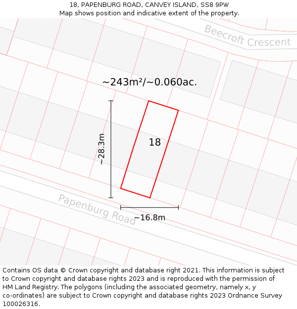 18, PAPENBURG ROAD, CANVEY ISLAND, SS8 9PW: Plot and title map