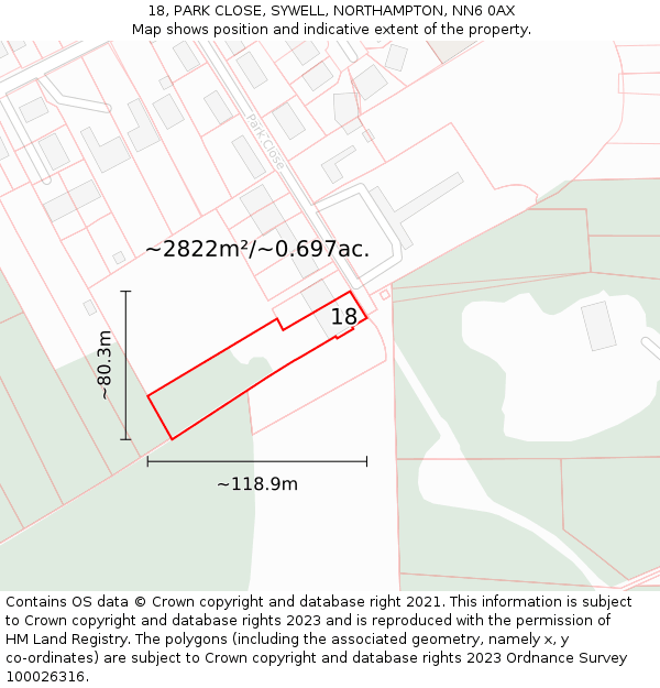 18, PARK CLOSE, SYWELL, NORTHAMPTON, NN6 0AX: Plot and title map