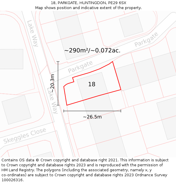 18, PARKGATE, HUNTINGDON, PE29 6SX: Plot and title map