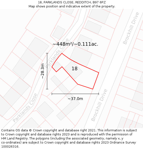 18, PARKLANDS CLOSE, REDDITCH, B97 6PZ: Plot and title map
