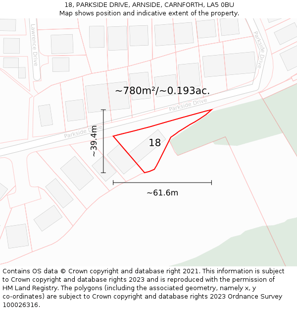 18, PARKSIDE DRIVE, ARNSIDE, CARNFORTH, LA5 0BU: Plot and title map