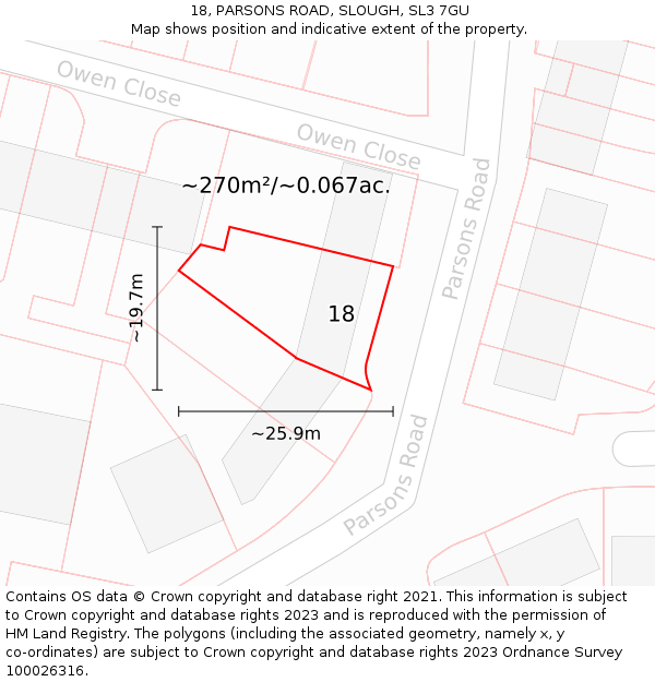 18, PARSONS ROAD, SLOUGH, SL3 7GU: Plot and title map