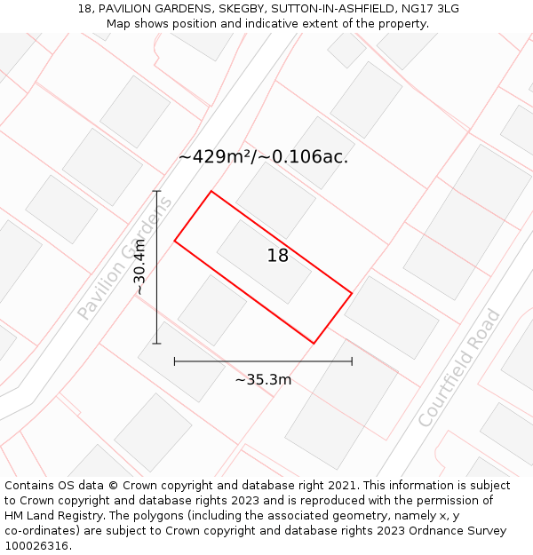 18, PAVILION GARDENS, SKEGBY, SUTTON-IN-ASHFIELD, NG17 3LG: Plot and title map