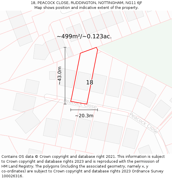 18, PEACOCK CLOSE, RUDDINGTON, NOTTINGHAM, NG11 6JF: Plot and title map