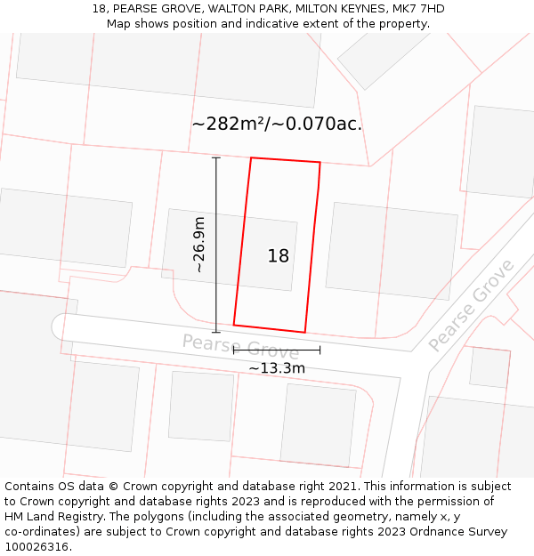 18, PEARSE GROVE, WALTON PARK, MILTON KEYNES, MK7 7HD: Plot and title map