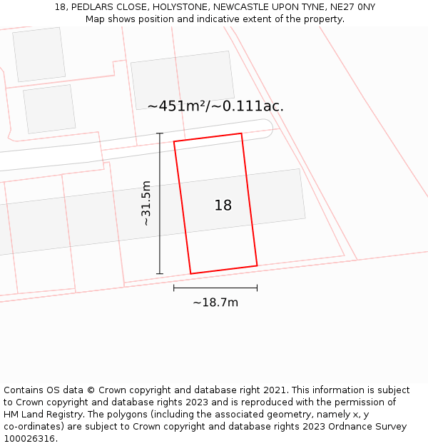 18, PEDLARS CLOSE, HOLYSTONE, NEWCASTLE UPON TYNE, NE27 0NY: Plot and title map