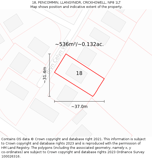 18, PENCOMMIN, LLANGYNIDR, CRICKHOWELL, NP8 1LT: Plot and title map