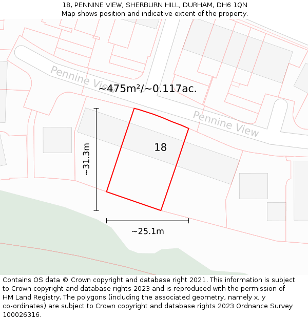 18, PENNINE VIEW, SHERBURN HILL, DURHAM, DH6 1QN: Plot and title map