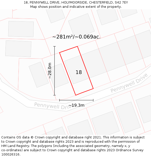 18, PENNYWELL DRIVE, HOLYMOORSIDE, CHESTERFIELD, S42 7EY: Plot and title map