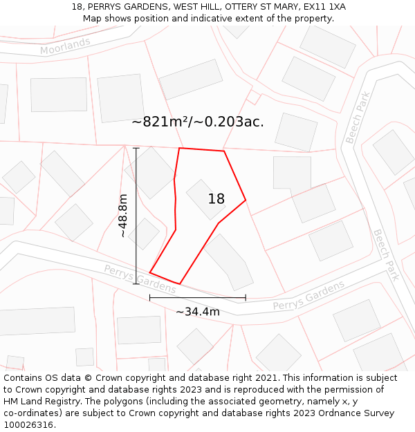 18, PERRYS GARDENS, WEST HILL, OTTERY ST MARY, EX11 1XA: Plot and title map