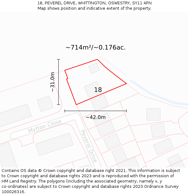 18, PEVEREL DRIVE, WHITTINGTON, OSWESTRY, SY11 4PN: Plot and title map