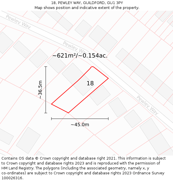 18, PEWLEY WAY, GUILDFORD, GU1 3PY: Plot and title map