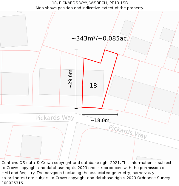 18, PICKARDS WAY, WISBECH, PE13 1SD: Plot and title map