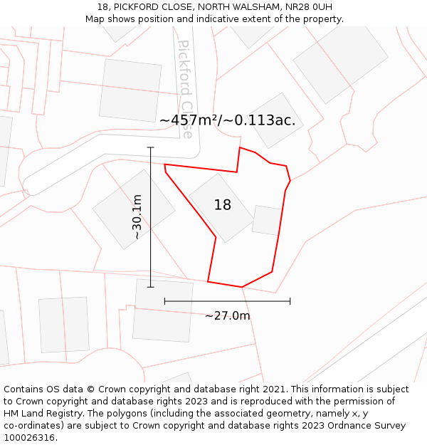 18, PICKFORD CLOSE, NORTH WALSHAM, NR28 0UH: Plot and title map