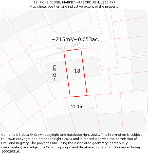 18, PICKS CLOSE, MARKET HARBOROUGH, LE16 7XP: Plot and title map