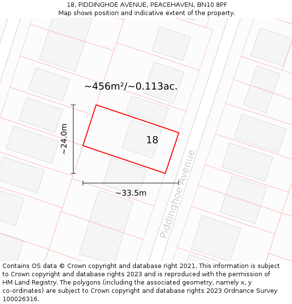 18, PIDDINGHOE AVENUE, PEACEHAVEN, BN10 8PF: Plot and title map