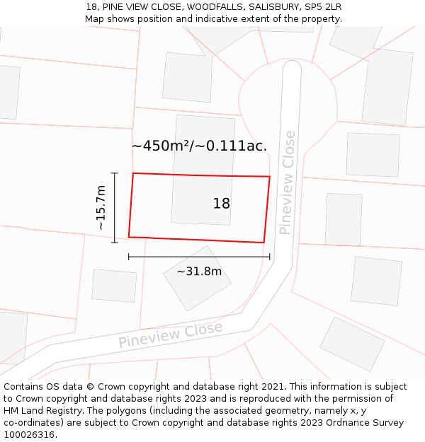 18, PINE VIEW CLOSE, WOODFALLS, SALISBURY, SP5 2LR: Plot and title map