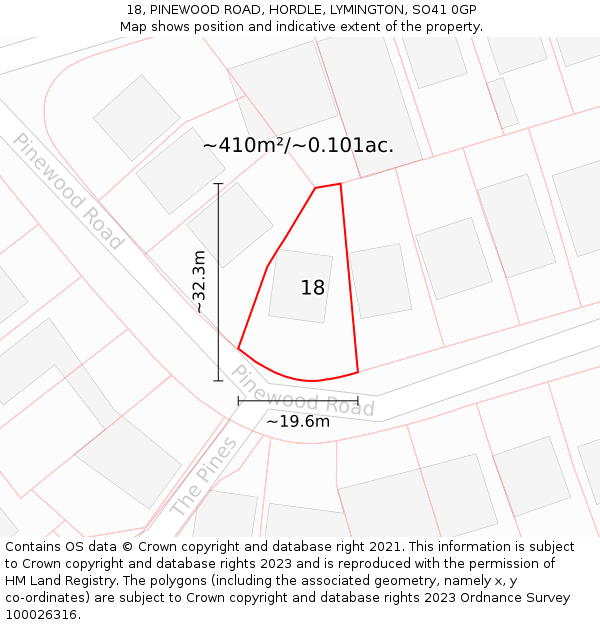 18, PINEWOOD ROAD, HORDLE, LYMINGTON, SO41 0GP: Plot and title map