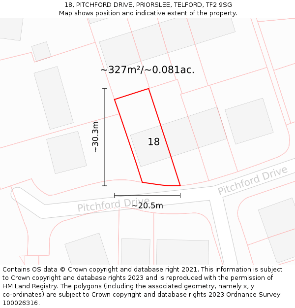 18, PITCHFORD DRIVE, PRIORSLEE, TELFORD, TF2 9SG: Plot and title map
