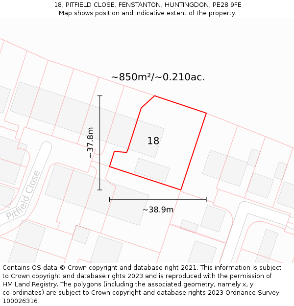 18, PITFIELD CLOSE, FENSTANTON, HUNTINGDON, PE28 9FE: Plot and title map