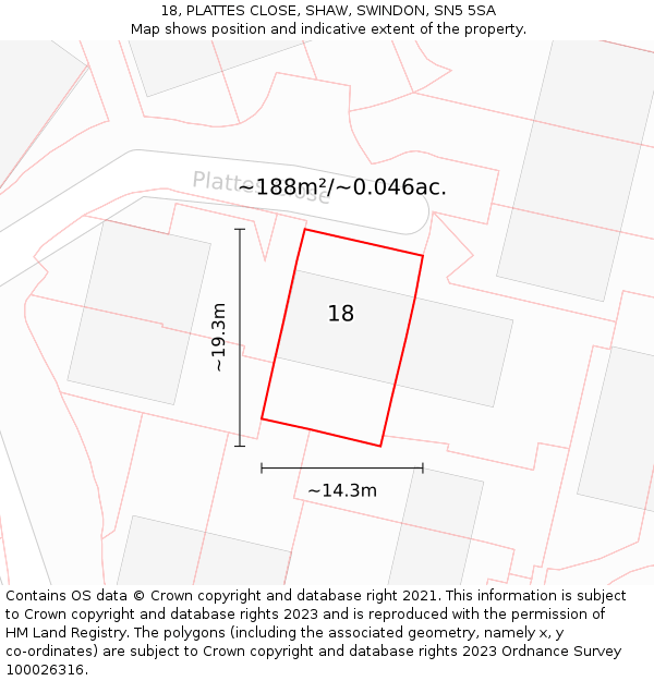 18, PLATTES CLOSE, SHAW, SWINDON, SN5 5SA: Plot and title map